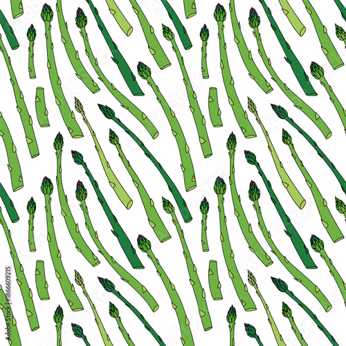 Pattern with juicy fresh asparagus directed diagonally, seamless vegetable illustration on white
