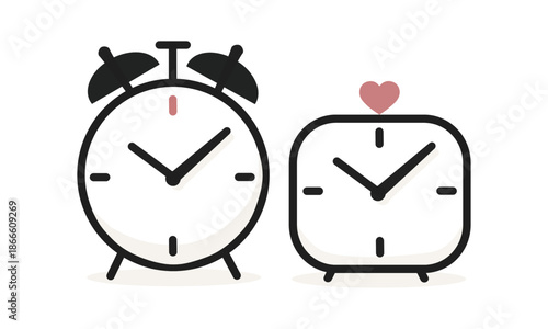 Minimalist illustration of two alarm clocks side by side. Symbol of shared routine, daily life and being together in time. Quiet modern love concept without people.