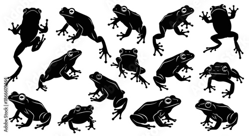 Collection of various frog silhouettes in different poses and positions