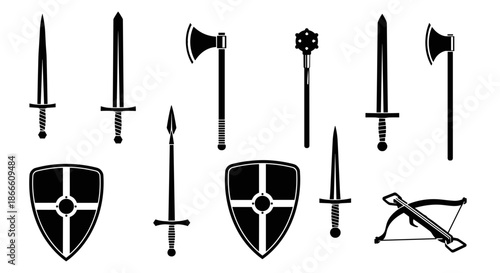 Collection of medieval weapons including swords shields axes and bow