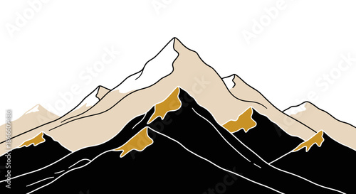 Minimalist mountain landscape illustration with snow peaks and golden accents