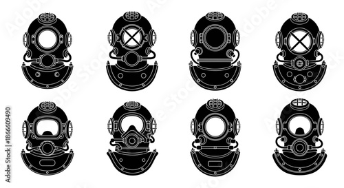 Collection of vintage diving helmets in black and white