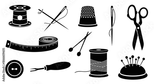 Collection of sewing and tailoring tools including scissors needle thread and pin