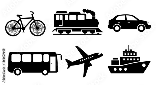 Collection of transportation vehicles including bicycle train car bus airplane and ship