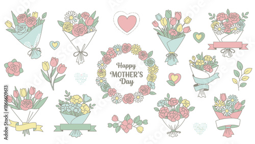 Watercolor Floral Bouquets and Wreath with Happy Mothers Day Message