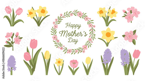 Watercolor Floral Wreath With Yellow Daffodils And Happy Mothers Day Text flowers