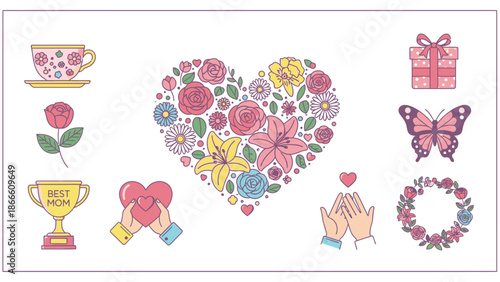 Colorful Hand Drawn Mother Day Floral Gift Set flowers roses