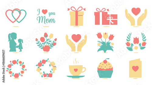 Colorful Hand Drawn Mother Day Hearts Gifts Flowers Set love