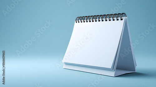Blank white desk calendar on blue background spiral bound