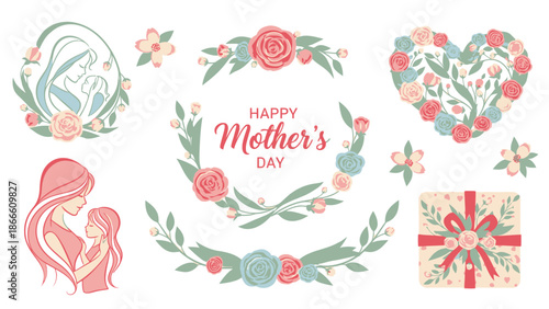 Hand Drawn Watercolor Mother Day With Floral Wreaths And Mothers child family