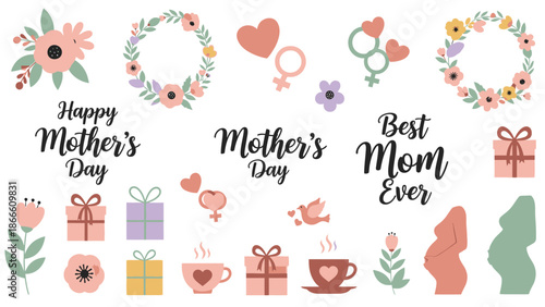 Hand Drawn Watercolor Mother’s Day With Flowers Gifts Hearts mothersday celebration