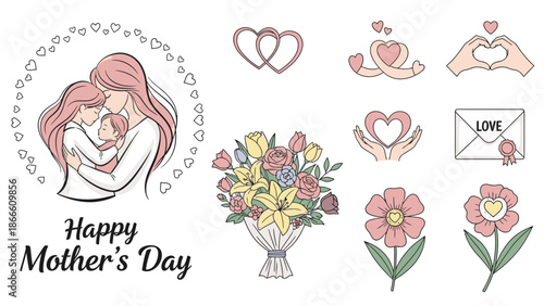 HandDrawn Pink MotherDay With Hearts Flowers And Family