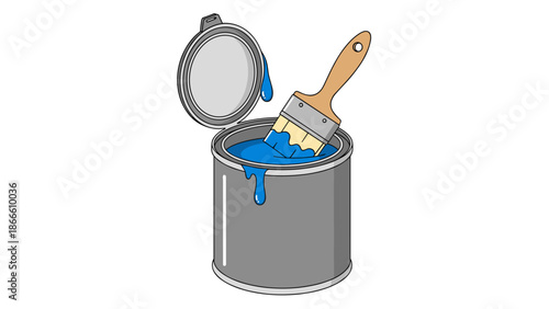 Blue Paint Can with Brush Dripping Paint.