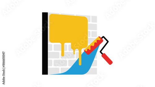 Painting Wall with Yellow Paint Roller.