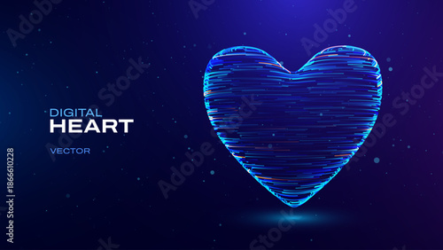 3D Digital Tech Heart Formed From Glowing Light Particles With Flowing Trails. Valentine’s Day Technology Inspired Banner Concept. Wireframe Low-Poly Heart Symbol Vector Illustration.
