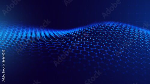 Hexagon Mesh Grid Waves on Dark Background. Tech Science or AI Innovation Banner Backdrop. Nanotech Abstract Digital Shield Surface or Landscape. Vector Illustration.