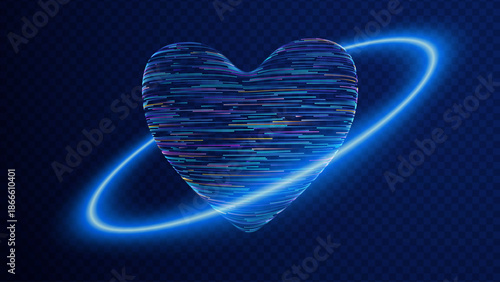 3D Digital Tech Heart Formed From Glowing Light Particles With Flowing Trails. Valentine’s Day Technology Inspired Banner Concept. Wireframe Low-Poly Heart Symbol Vector Illustration.
