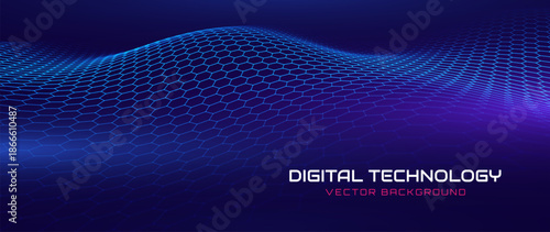 Hexagon Mesh Grid Waves on Dark Background. Tech Science or AI Innovation Banner Backdrop. Nanotech Abstract Digital Shield Surface or Landscape. Vector Illustration. 