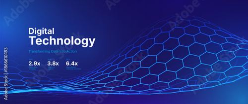 Hexagon Mesh Grid Waves on Dark Background. Tech Science or AI Innovation Banner Backdrop. Nanotech Abstract Digital Shield Surface or Landscape. Vector Illustration. 