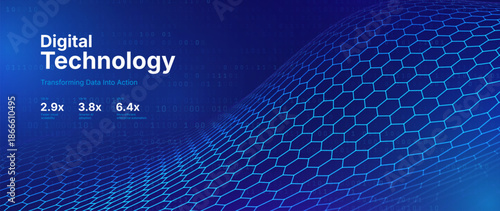 Hexagon Mesh Grid Waves on Dark Background. Tech Science or AI Innovation Banner Backdrop. Nanotech Abstract Digital Shield Surface or Landscape. Vector Illustration. 