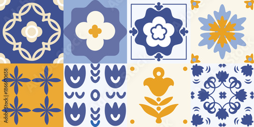 Amalfi Style Mediterranean Ceramic Tile Pattern with Floral Geometric Ornaments