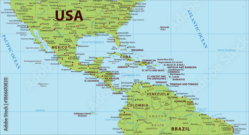 Vector political world map. Fragment of geographical atlas with united states america, venezuela, cuba, mexico, bahamas, jamaica, haiti, dominican republic,
caribbean sea, caracas, colombia, brazil.