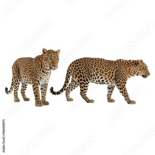 Leopards Stalking: Two majestic leopards, adorned with distinctive rosettes, navigate an open expanse, their keen eyes ever alert. Their presence evokes the raw power and beauty of the wild.