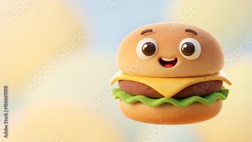 A cheerful cartoon hamburger floats in mid-air against a soft, blurred background with a friendly expression