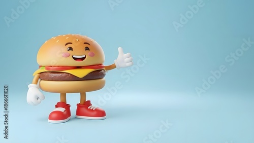 A cheerful cartoon hamburger character giving a thumbs up on a blue background