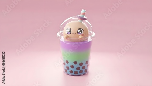 A cartoon character in a cup of bubble tea on a pink background