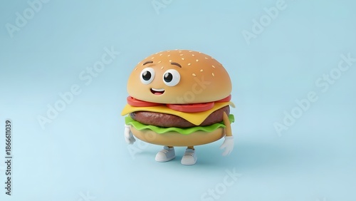 A cartoon hamburger character standing on a light blue background with a cheerful expression and white legs