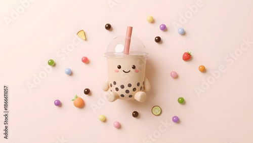 A decorative boba tea figurine surrounded by colorful candies and fruits on a pastel background