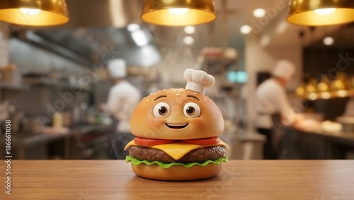A cheerful cartoon burger on a wooden table in a bustling kitchen environment viewed from the front