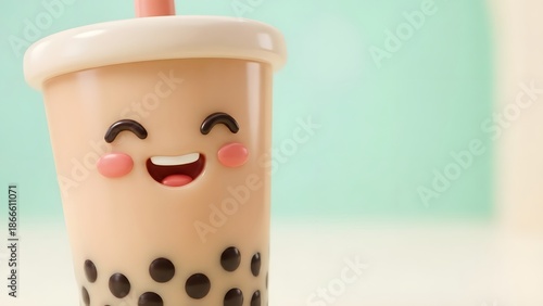 A smiling bubble tea cup with a straw, set against a soft, blurred background with pastel colors, captured from a close-up front view.