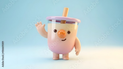 A 3D cartoon character shaped like a pink drink with a smiling face and straw stands on a white surface against a blue background