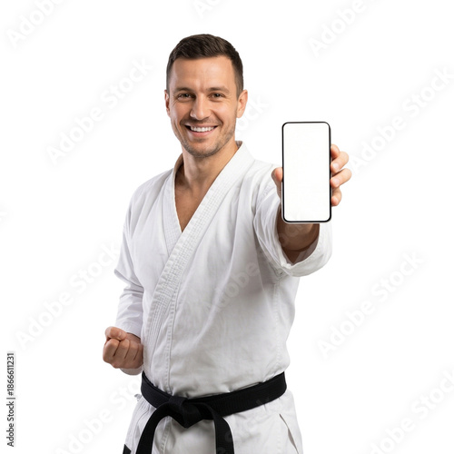 Martial Arts Mastery and Tech Integration: A focused martial artist in a pristine white uniform showcases a sleek smartphone, perfectly blending the discipline of martial arts with modern technology.