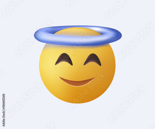 Emoji angel 3D vector illustration, smiling angel face with a halo. This cute and innocent emoji conveys a positive and peaceful expression. Isolated on white. Emoticon Smiling Face