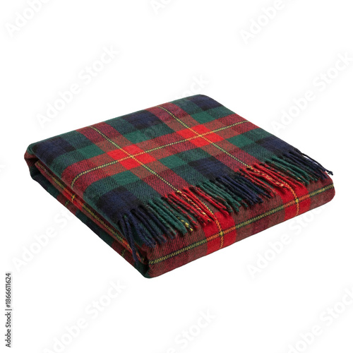 Cozy Plaid Throw Blanket: A folded plaid throw blanket, featuring a classic pattern of red, green, and navy blue, provides warmth and comfort, perfect for cozy moments indoors. 