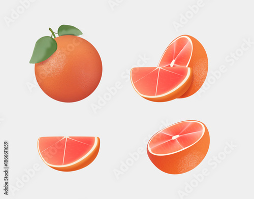 3D Icon set grapefruit, vector illustration on white background. Collection of pink grapefruits whole and pieces isolated on white. Grapefruit with cut in half. Fresh fruits set, healthy food vector