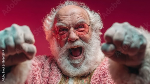 Cheerful Afro Santa, clad in classic Santa outfit, brings a colorful, joyful Christmas vibe to the festive winter holiday celebration