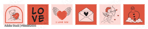 Hand-drawn Valentine's Day postal love stamps print set, cupid mail doodle vector illustration: 14 February creative, concept postcard red design elements, cute scrapbook postage sticker, amore sign. 