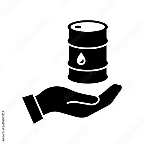 Oil icon. Crude reserves. Oil industry. Barrel. Oil drum in hand. Vector icon isolated on white background.