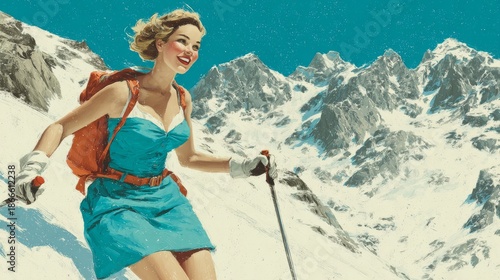 A vintage‑style pop art poster shows a woman skiing downhill with vibrant colors