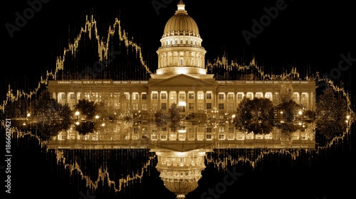 The U.S. Capitol, depicted alongside a stock market graph, symbolizes the political influence on financial markets