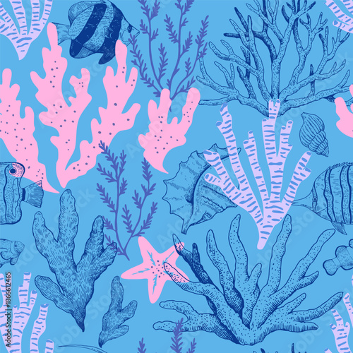 Elegant seamless pattern with corals, seaweeds and underwater creatures, seashells and fishes. Hand-drawn vector illustration.