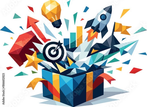 Exploding Conceptual Gift. Low-poly vector illustration focused on a conceptual present box exploding with joint plans for the