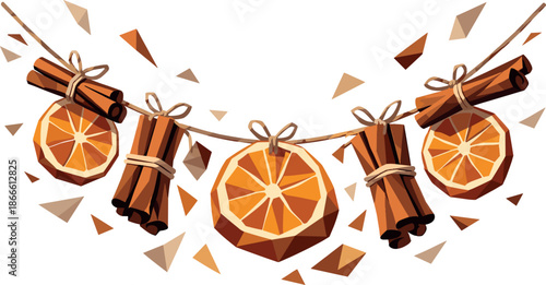 Eco Garland Illustration. Low-poly vector illustration focused on an eco-friendly garland crafted from dried oranges and cinnamon