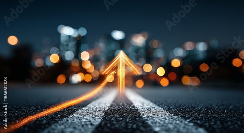 A light‑traced arrow moving forward over the cityscape, symbolizing strategic planning, direction, momentum, and goal alignment