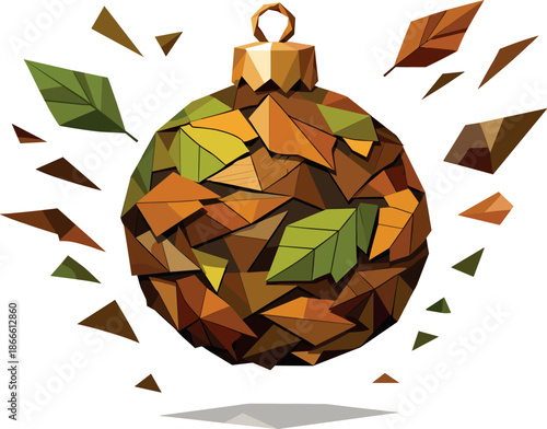 Eco Christmas Ornament. Low-poly vector illustration focused on an eco-friendly Christmas ball crafted from compressed fallen