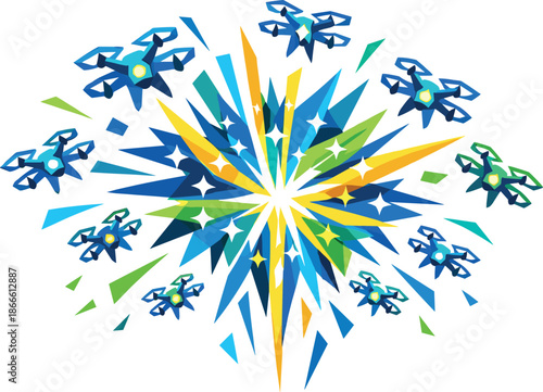 Eco-friendly Drone Fireworks. Low-poly vector illustration focused on an environmentally safe firework display composed of LED